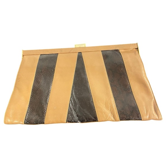Vintage Victor Large Tan and Black Striped  Made In Italy Clutch - Picture 1 of 5